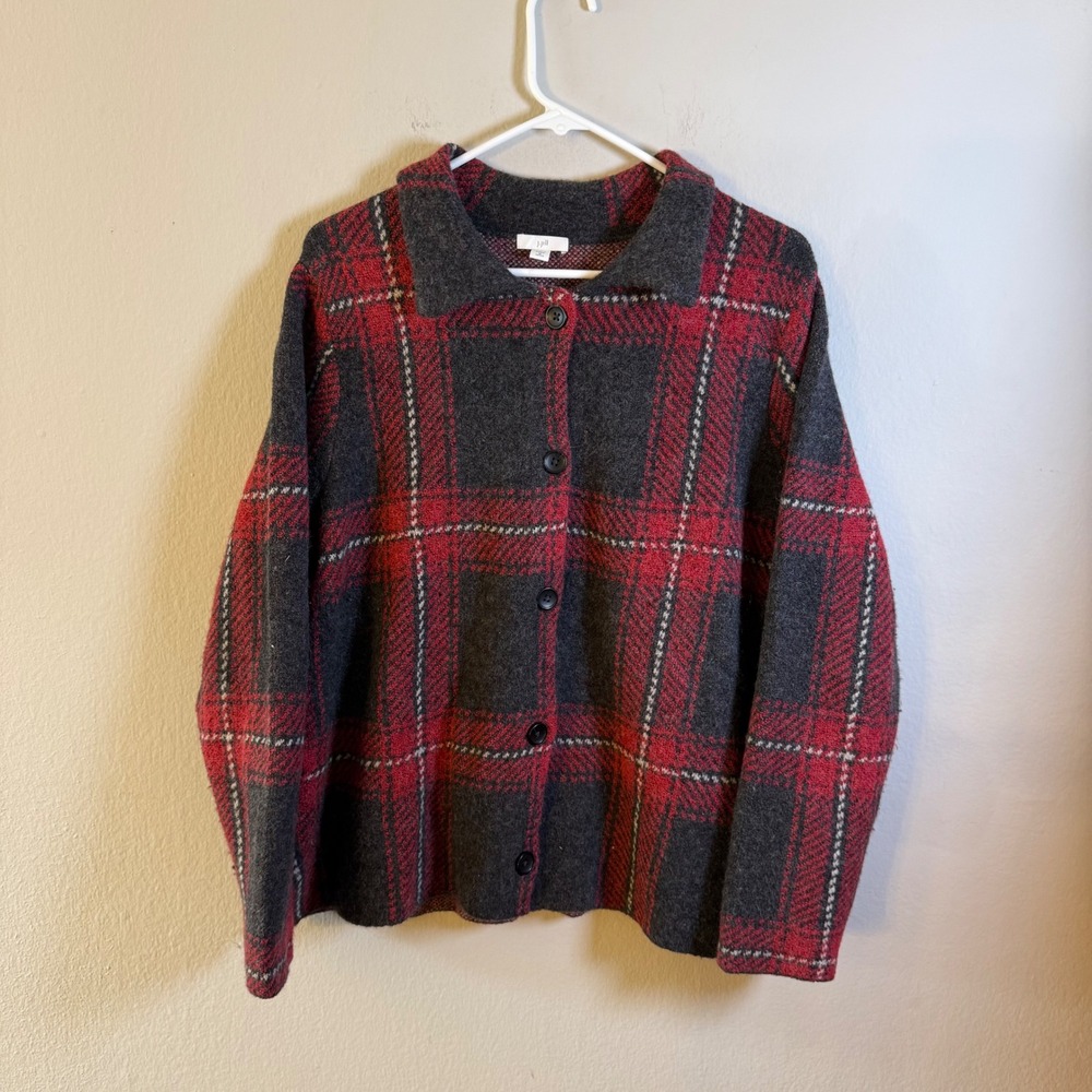 J. Jill Red Charcoal Plaid Wool Blend Button Front Cardigan Sweater Petite M